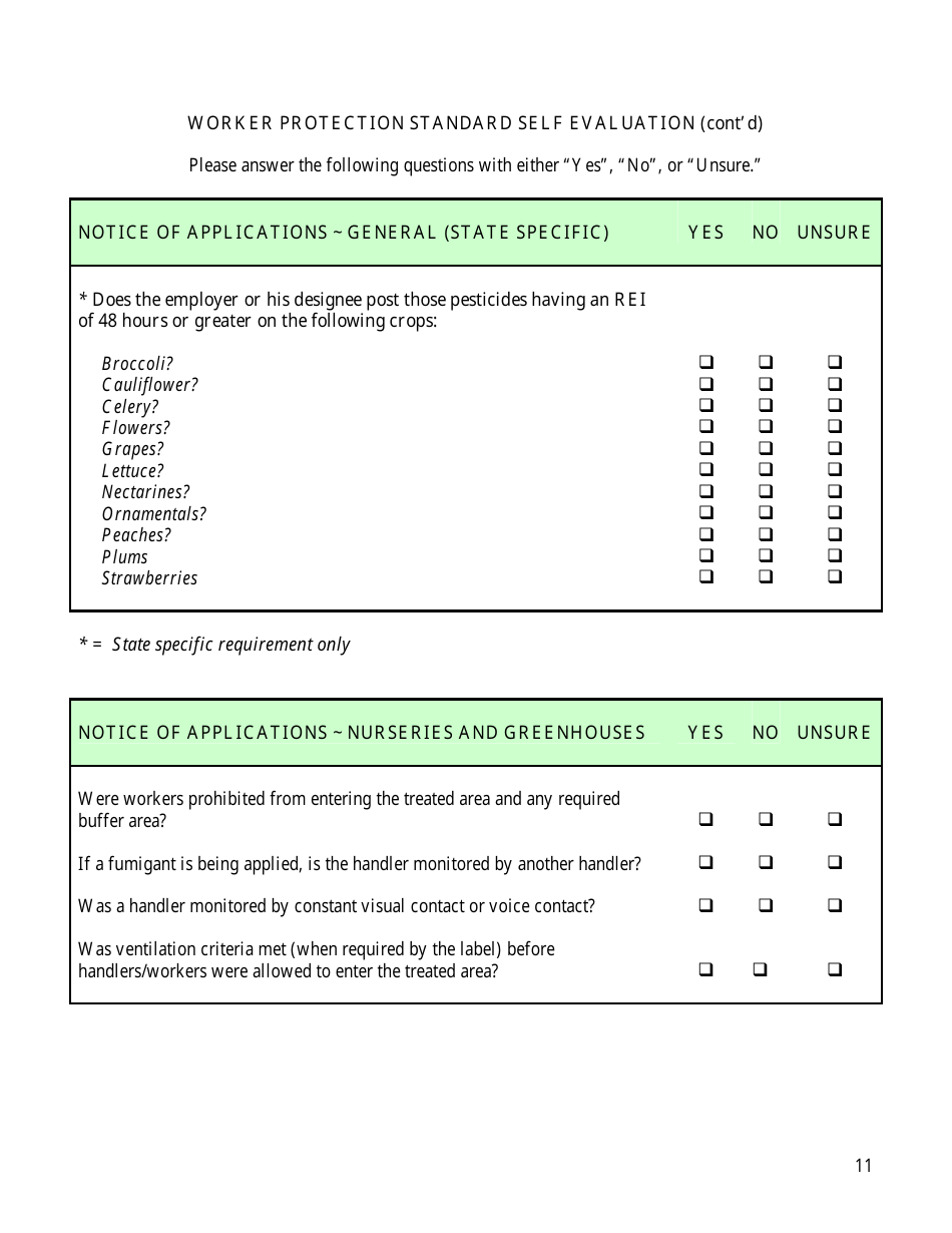 Worker Protection Standard Self Evaluation Checklist Form - Arizona, Page 11