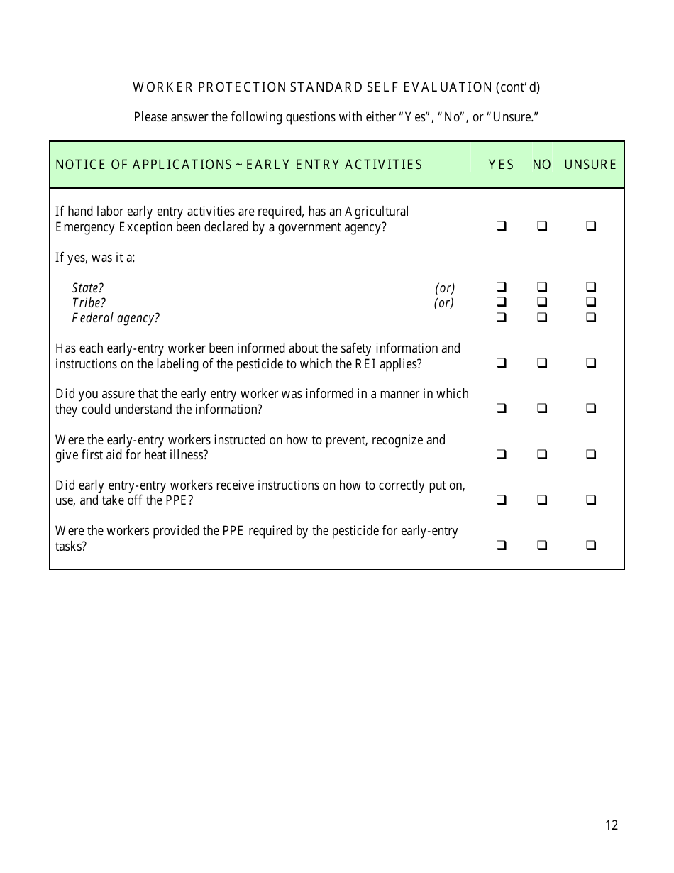 Worker Protection Standard Self Evaluation Checklist Form - Arizona, Page 12