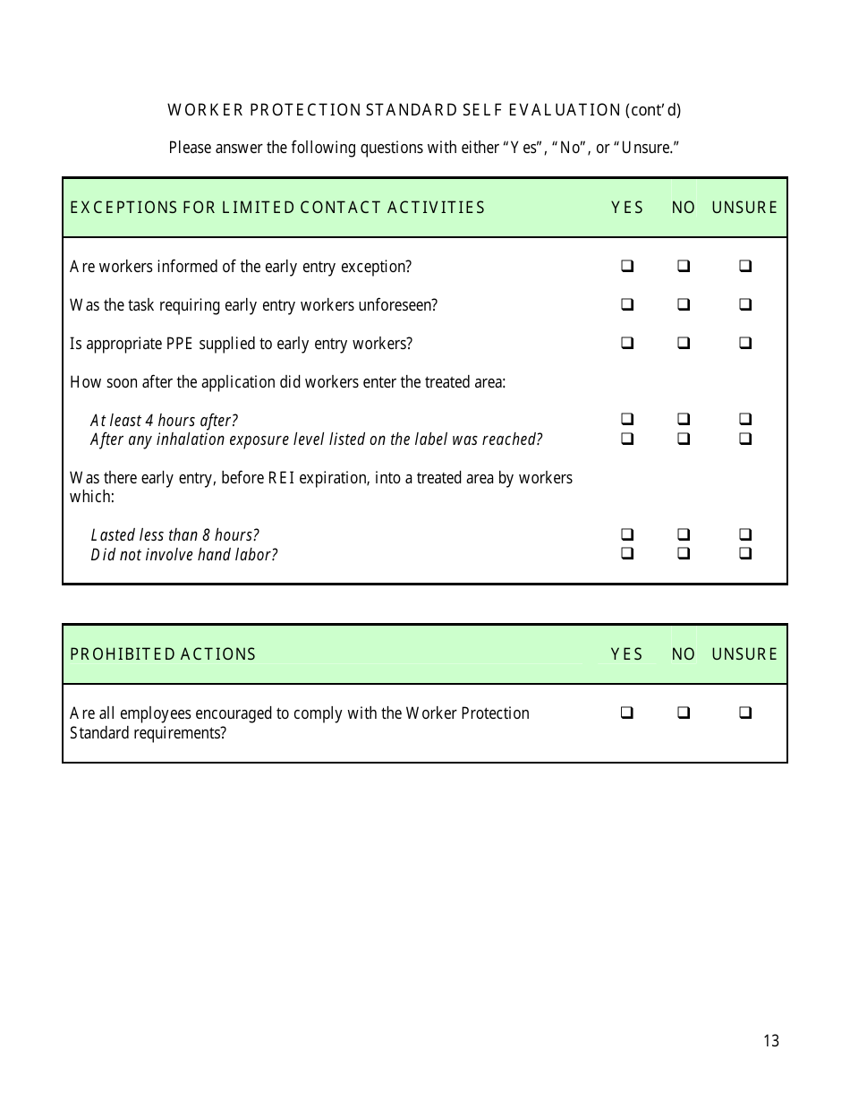 Worker Protection Standard Self Evaluation Checklist Form - Arizona, Page 13