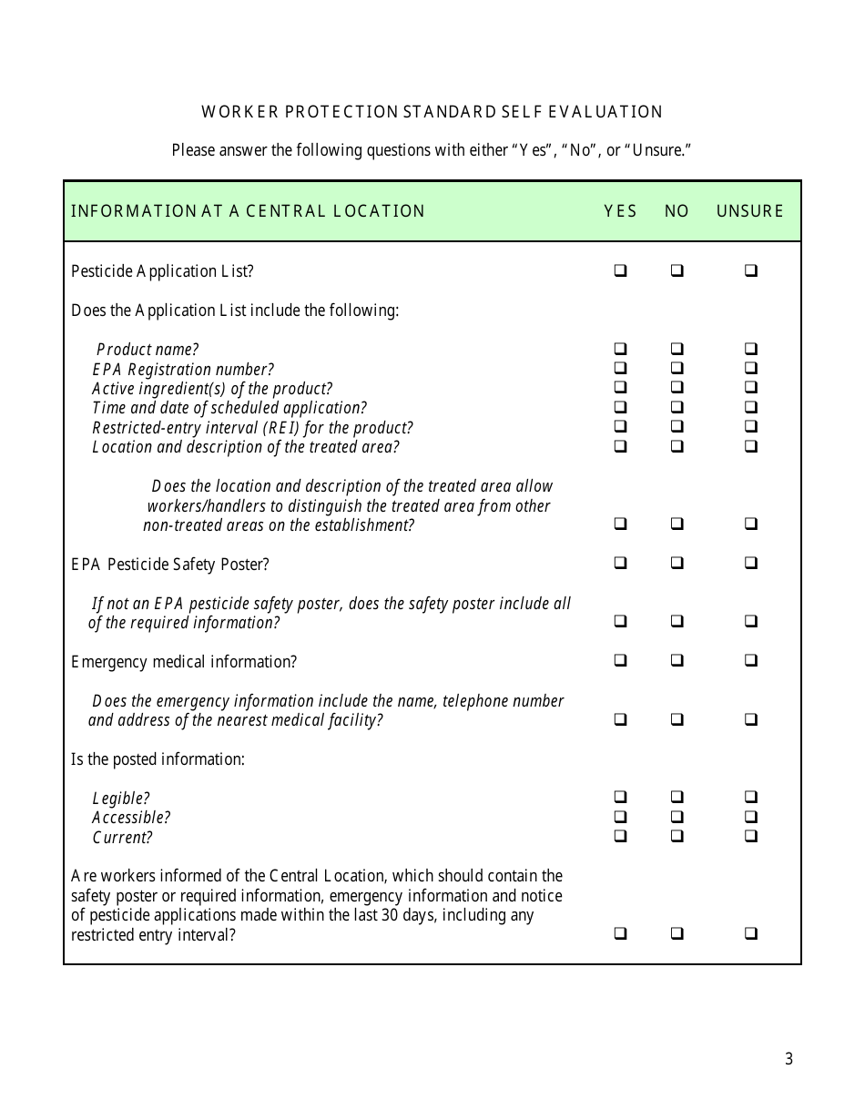 Worker Protection Standard Self Evaluation Checklist Form - Arizona, Page 3