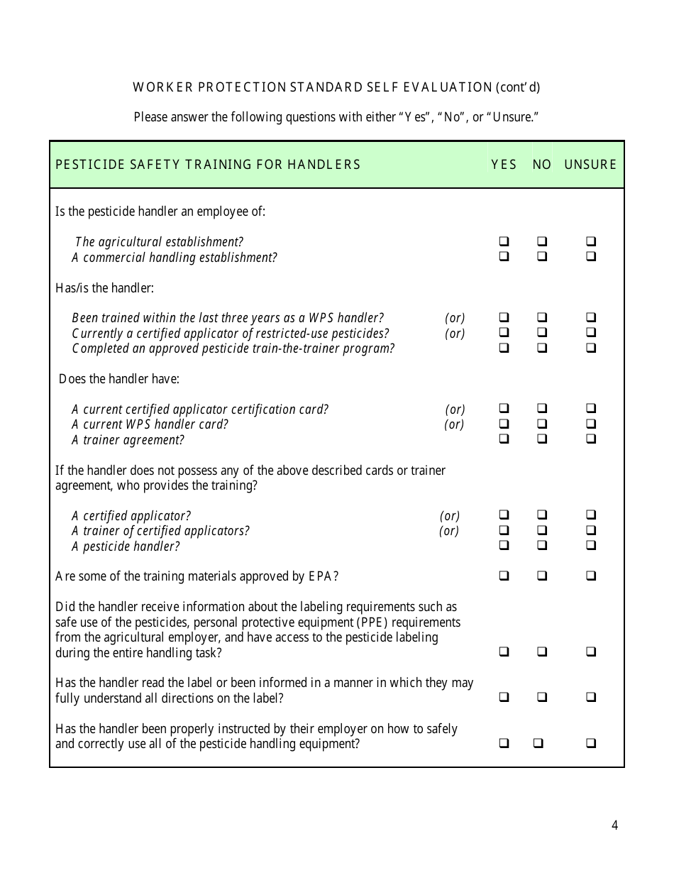 Worker Protection Standard Self Evaluation Checklist Form - Arizona, Page 4