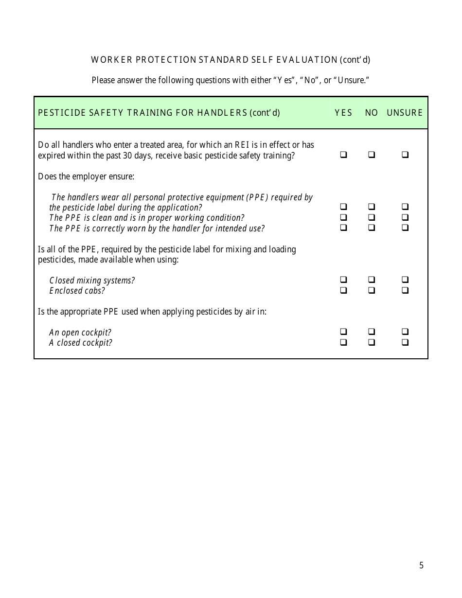 Worker Protection Standard Self Evaluation Checklist Form - Arizona, Page 5