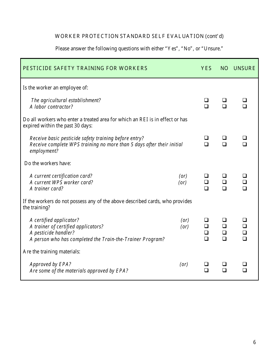 Worker Protection Standard Self Evaluation Checklist Form - Arizona, Page 6