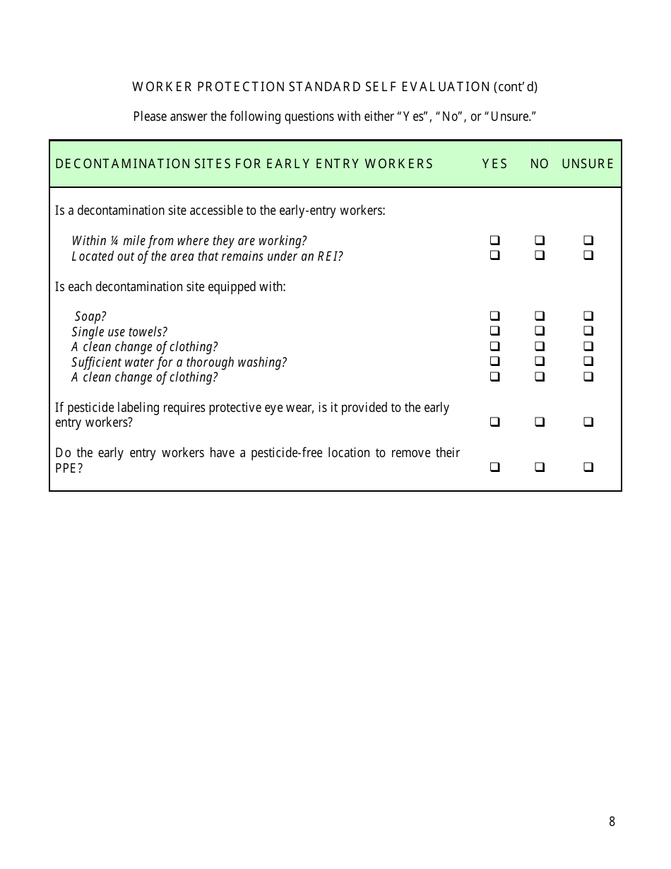 Worker Protection Standard Self Evaluation Checklist Form - Arizona, Page 8