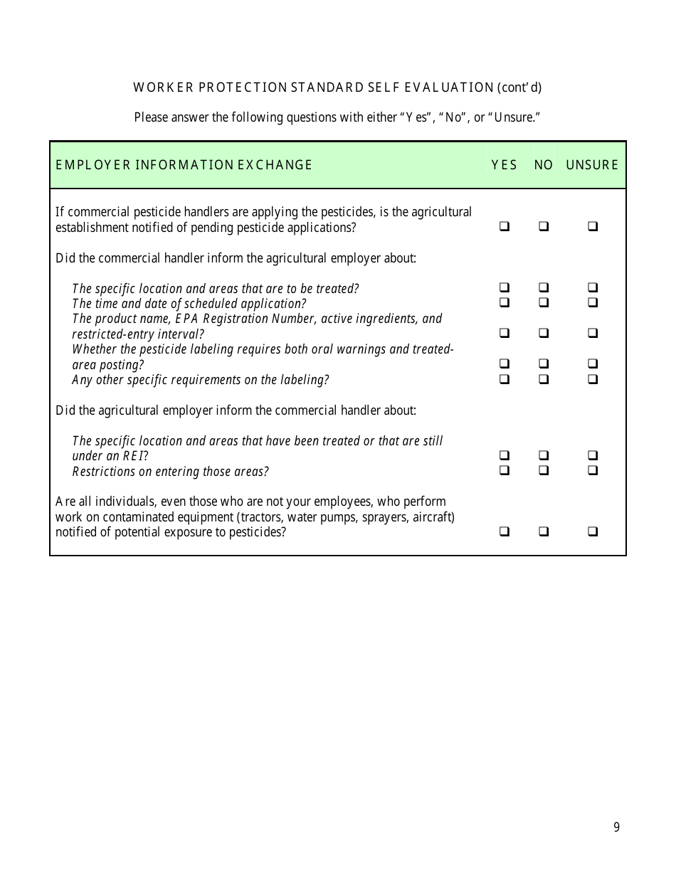Worker Protection Standard Self Evaluation Checklist Form - Arizona, Page 9