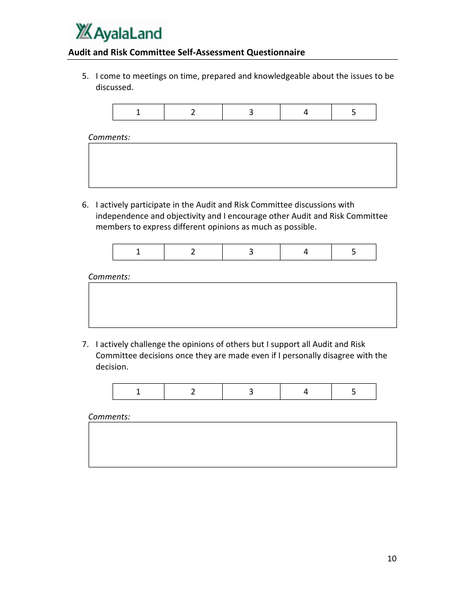 Audit and Risk Committee Self-assessment Questionnaire Form - Ayalaland - Philippines, Page 10