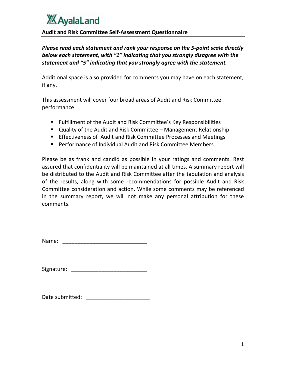 Audit and Risk Committee Self-assessment Questionnaire Form - Ayalaland - Philippines, Page 1
