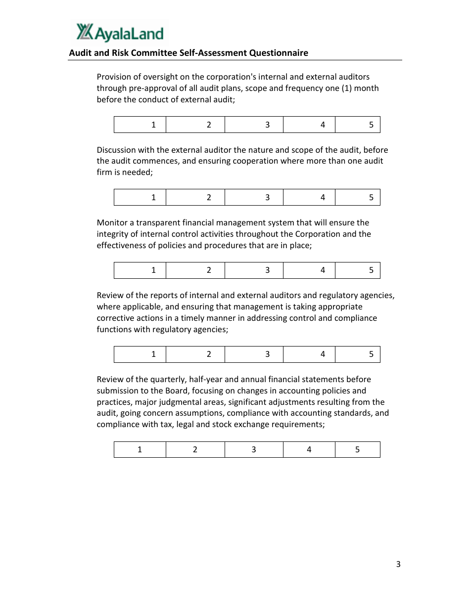 Audit and Risk Committee Self-assessment Questionnaire Form - Ayalaland - Philippines, Page 3