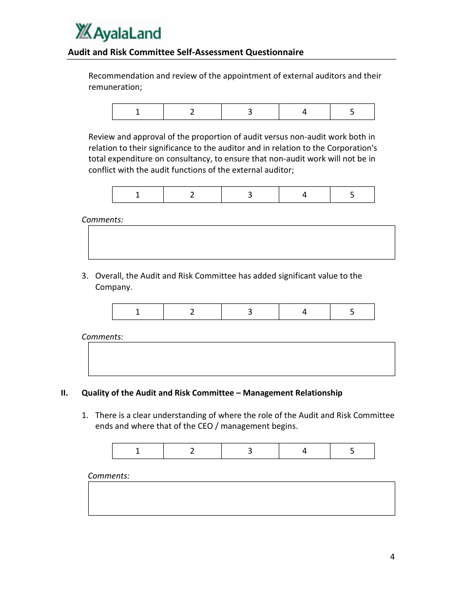 Audit and Risk Committee Self-assessment Questionnaire Form - Ayalaland - Philippines, Page 4