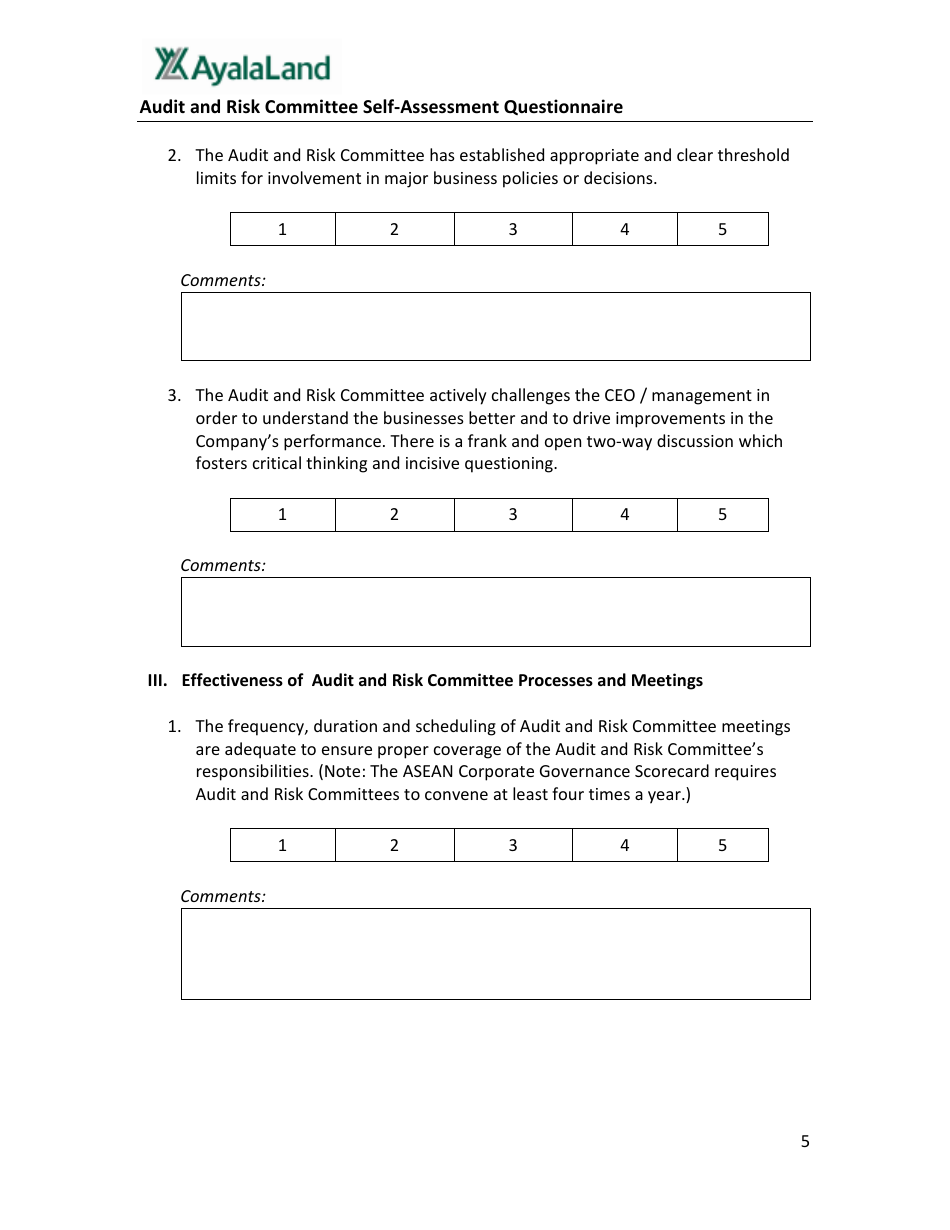 Audit and Risk Committee Self-assessment Questionnaire Form - Ayalaland - Philippines, Page 5
