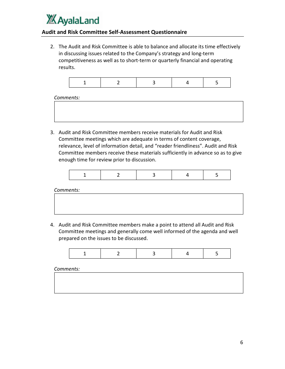 Audit and Risk Committee Self-assessment Questionnaire Form - Ayalaland - Philippines, Page 6