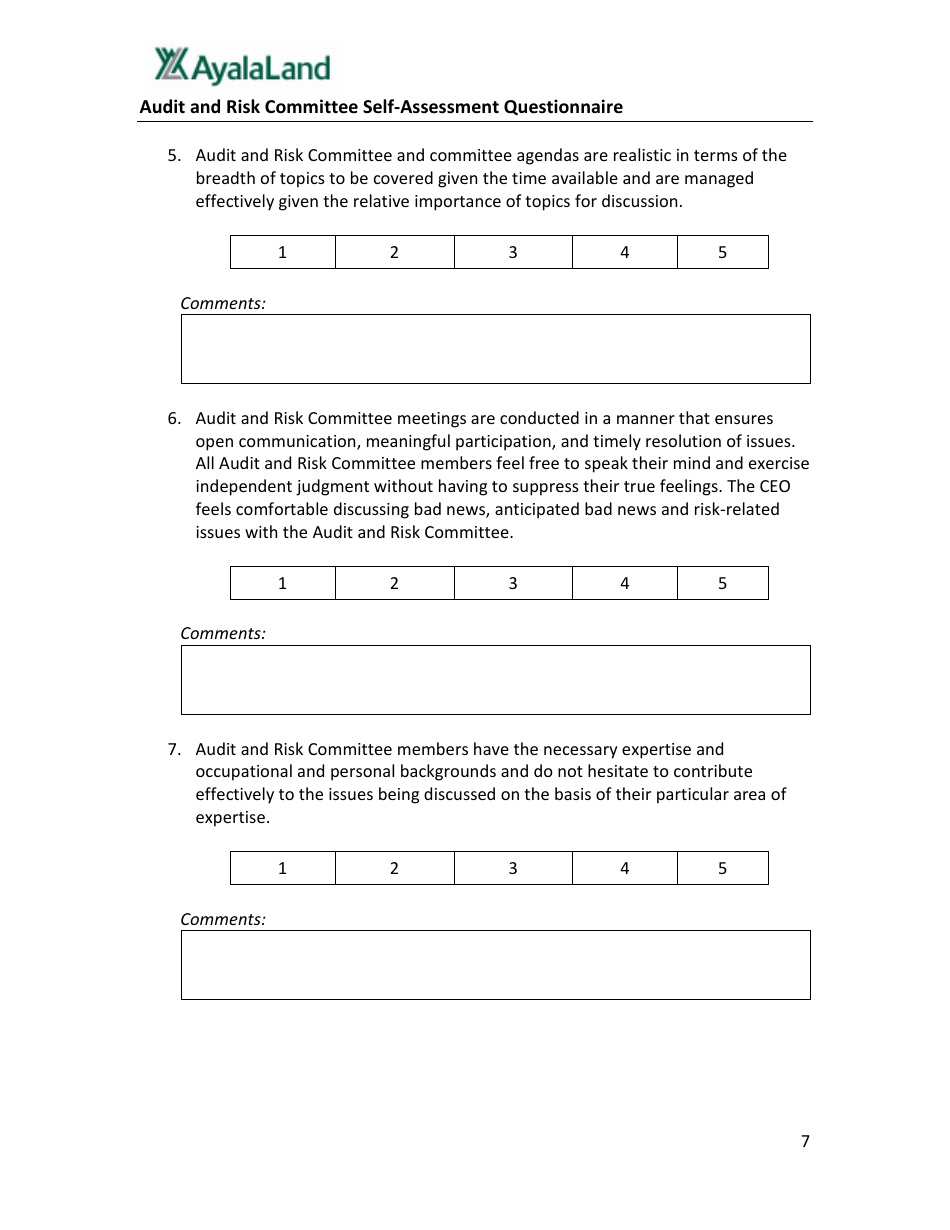Audit and Risk Committee Self-assessment Questionnaire Form - Ayalaland - Philippines, Page 7