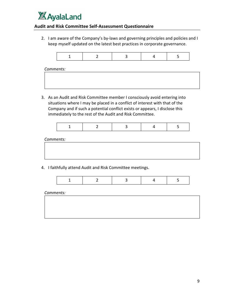 Audit and Risk Committee Self-assessment Questionnaire Form - Ayalaland - Philippines, Page 9