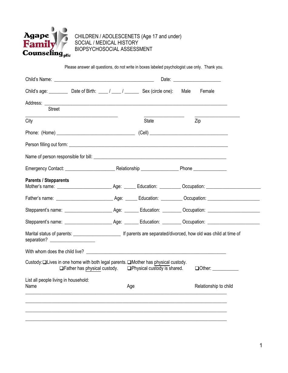 Children/Adolescentes Biopsychosocial Assessment Form - Agape Family ...