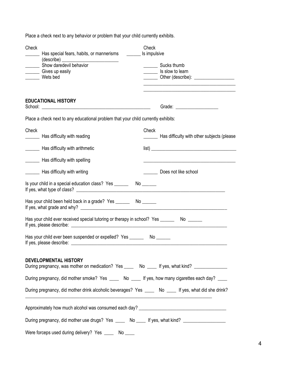 Children / Adolescentes Biopsychosocial Assessment Form - Agape Family Counseling, Page 4