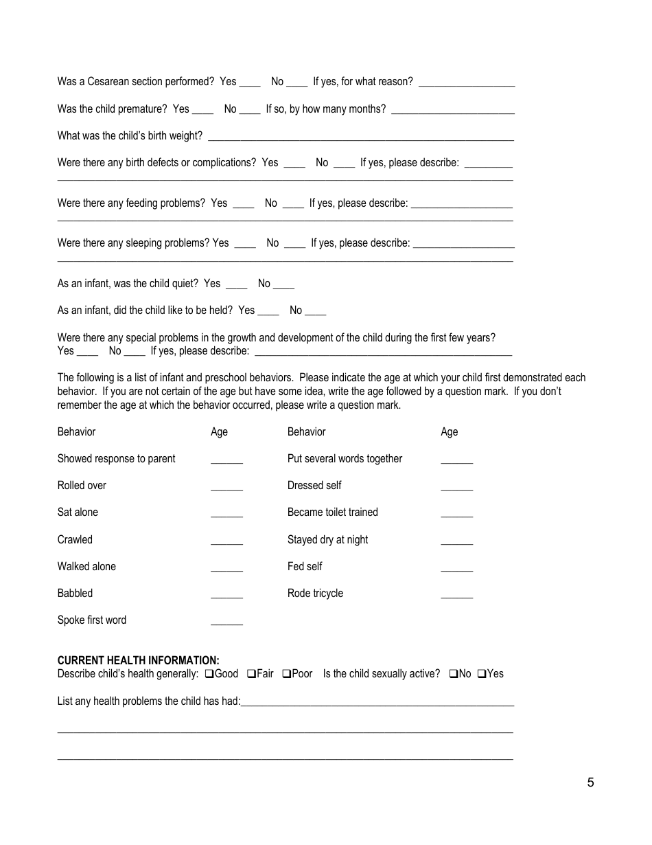 Children / Adolescentes Biopsychosocial Assessment Form - Agape Family Counseling, Page 5