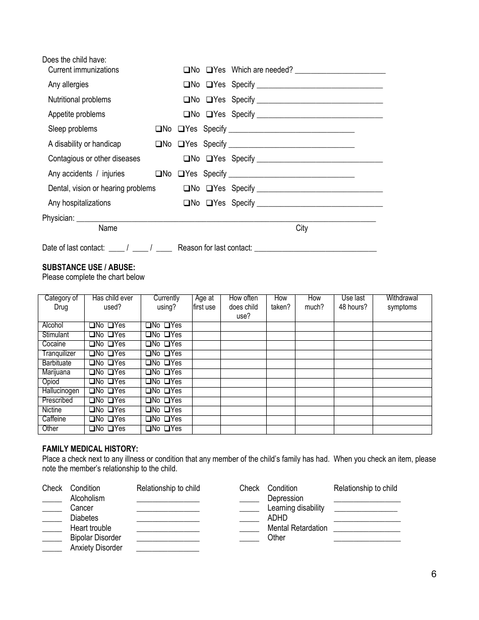 Children / Adolescentes Biopsychosocial Assessment Form - Agape Family Counseling, Page 6