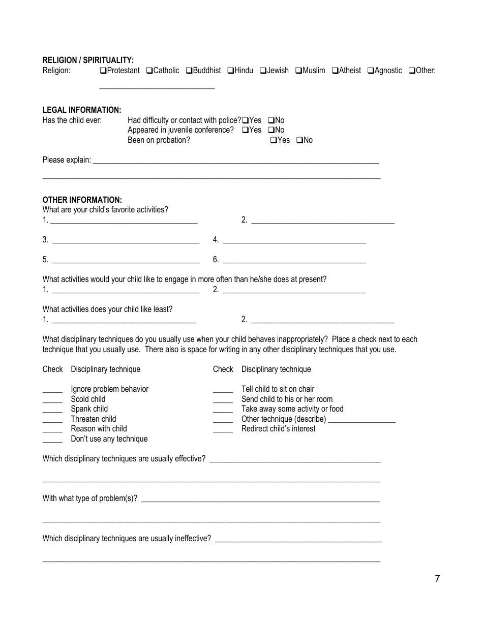 Children / Adolescentes Biopsychosocial Assessment Form - Agape Family Counseling, Page 7