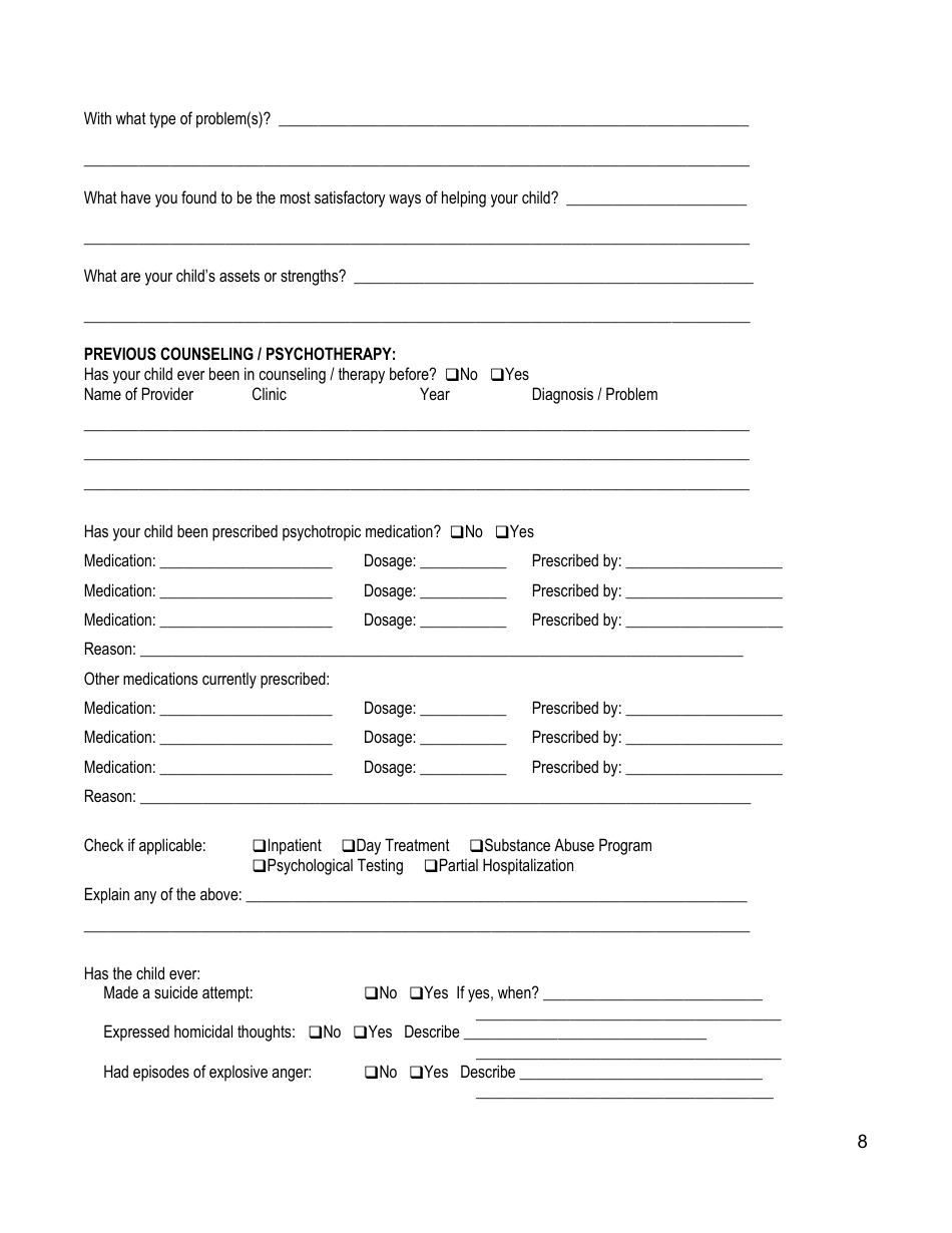 Children / Adolescentes Biopsychosocial Assessment Form - Agape Family Counseling, Page 8