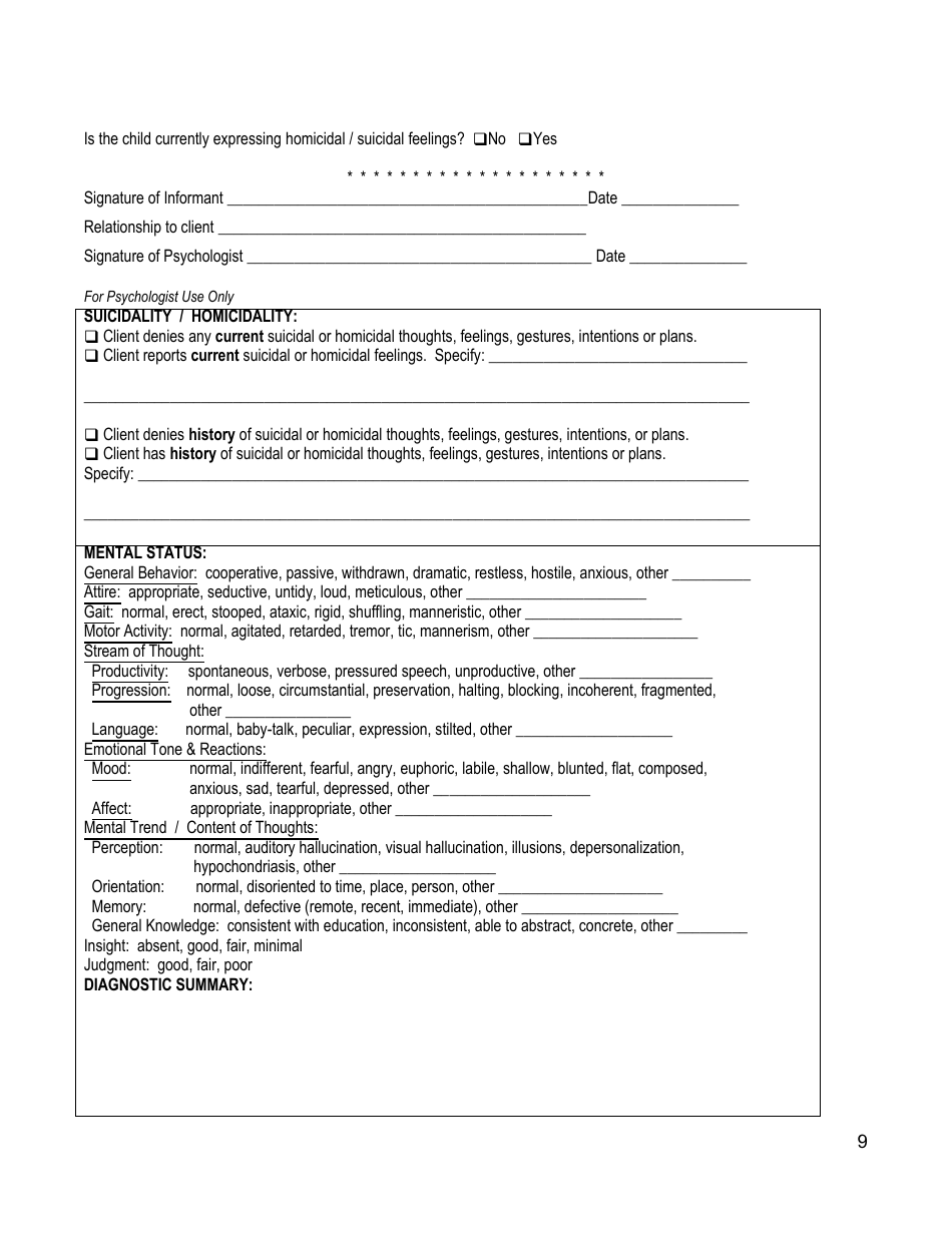 Children / Adolescentes Biopsychosocial Assessment Form - Agape Family Counseling, Page 9