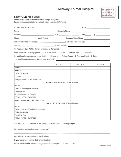 &quot;New Client Form - Midway Animal Hospital&quot; Download Pdf