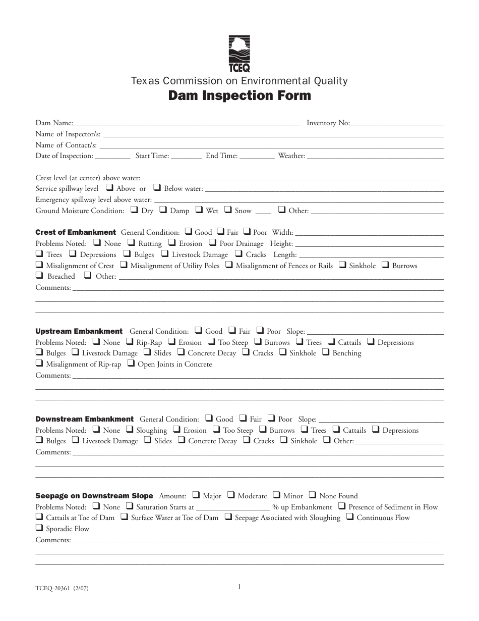 Form 20361 Dam Inspection Form - Texas, Page 1