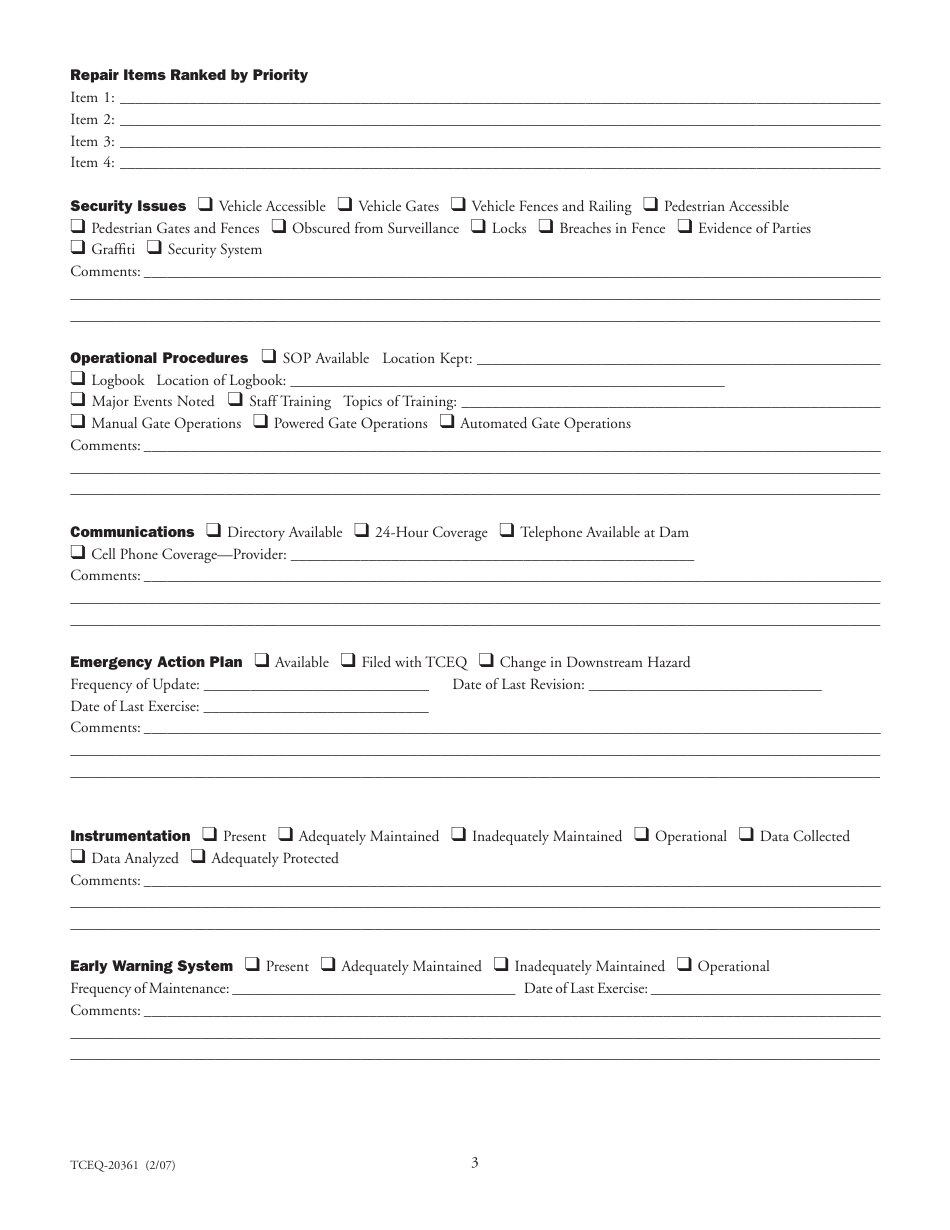 Form 20361 Dam Inspection Form - Texas, Page 3