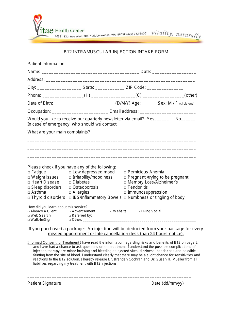 Intramuscular Injection Intake Form - Vitae Health Center, Page 1