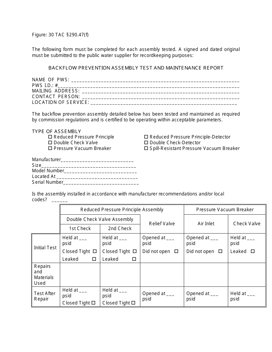 Backflow Prevention Assembly Test and Maintenance Report Form - Texas, Page 1