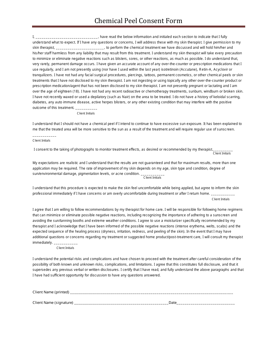Chemical Peel Consent Form, Page 1