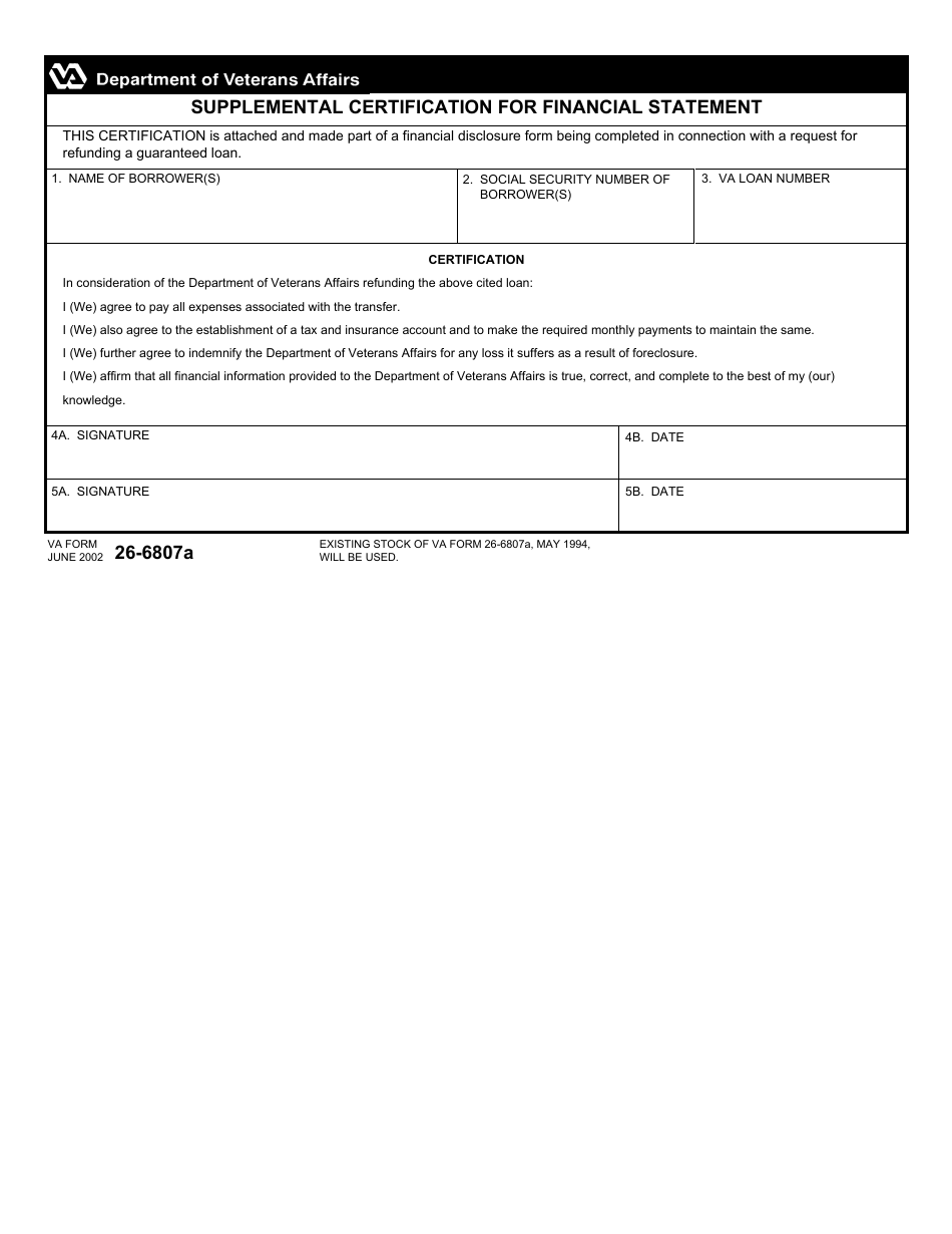VA Form 26-6807a Supplemental Certification for Financial Statement, Page 1