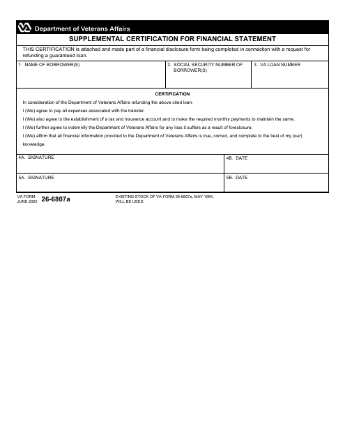 VA Form 26-6807a Supplemental Certification for Financial Statement