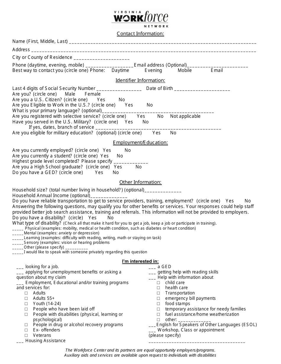 Client Intake Form - Virginia Workforce Network - Virginia, Page 1