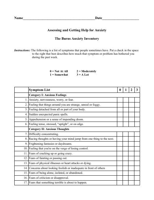 Anxiety Symptoms Questionnaire Form Download Pdf
