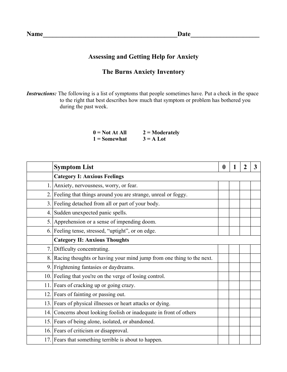 Anxiety Symptoms Questionnaire Form, Page 1