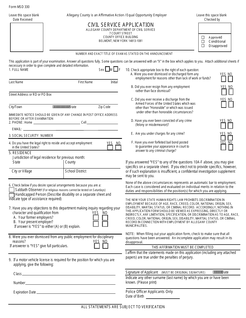 Form MSD330 Civil Service Application - ALLEGANY COUNTY, New York, Page 1