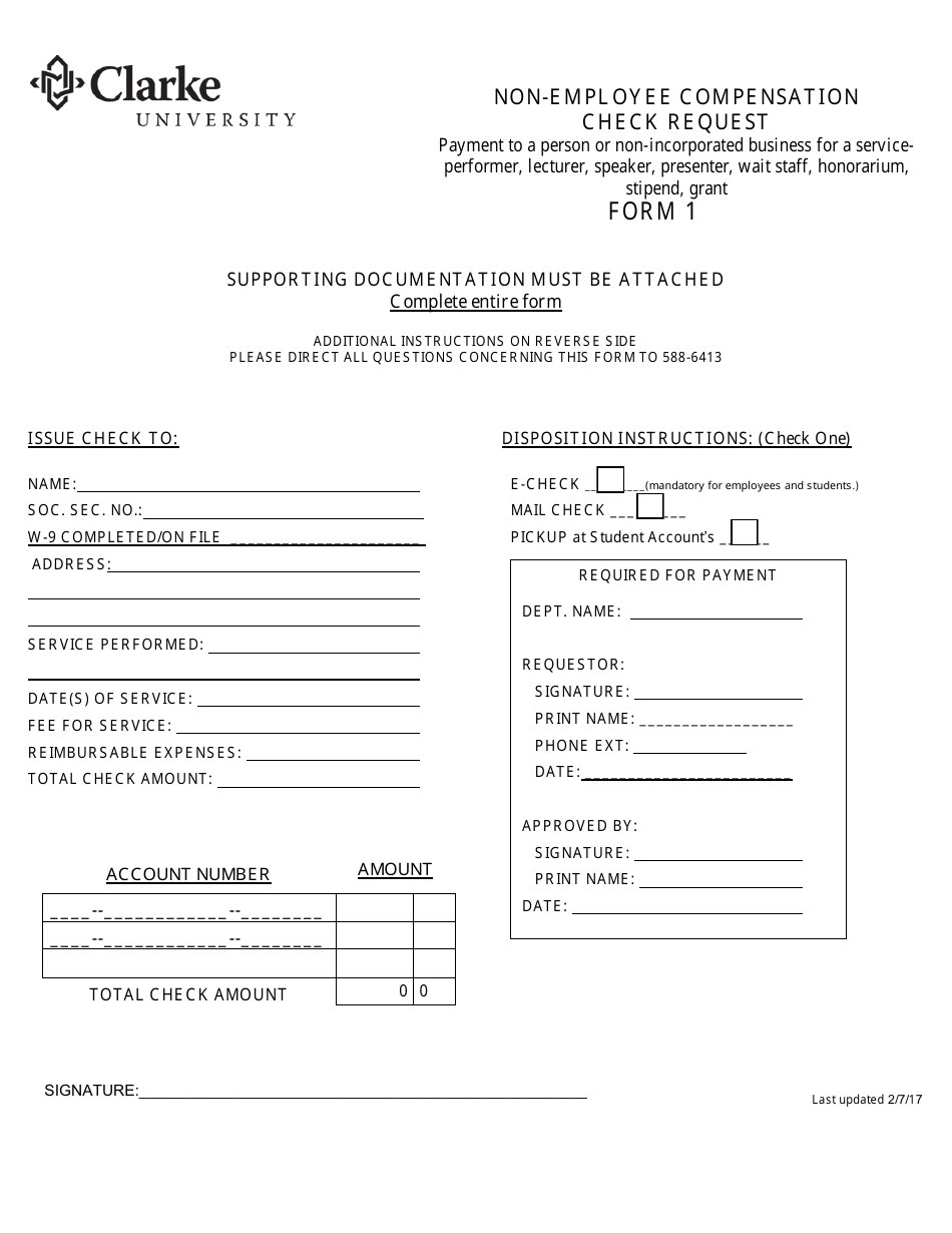 Non-employee Compensation Check Request Form - Clarke University, Page 1
