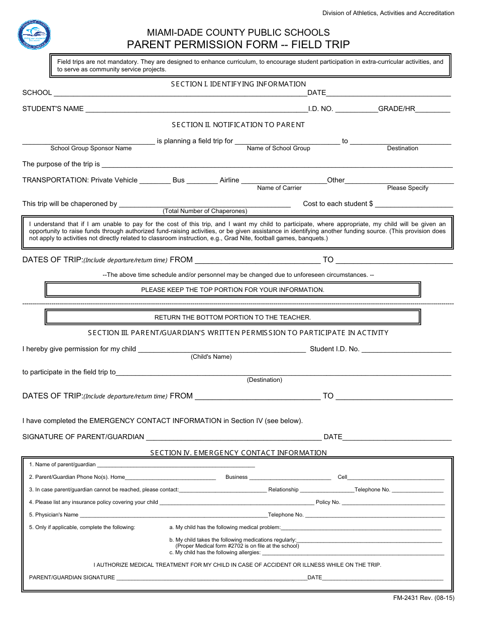 Parent Permission Form for Field Trip - Miami-Dade County Public Schools, Page 1