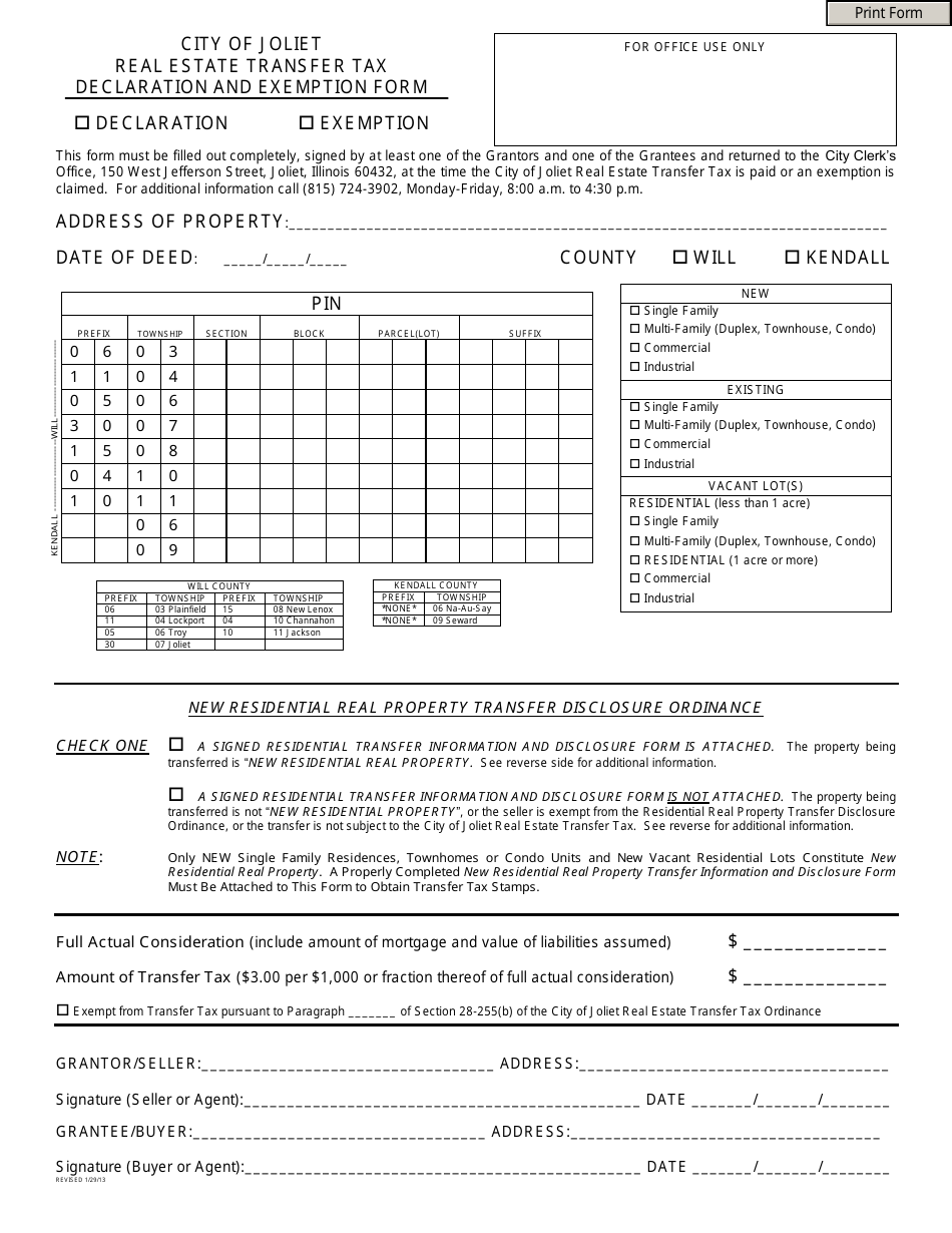 Real Estate Transfer Tax Declaration and Exemption Form - City of Joliet, Illinois, Page 1