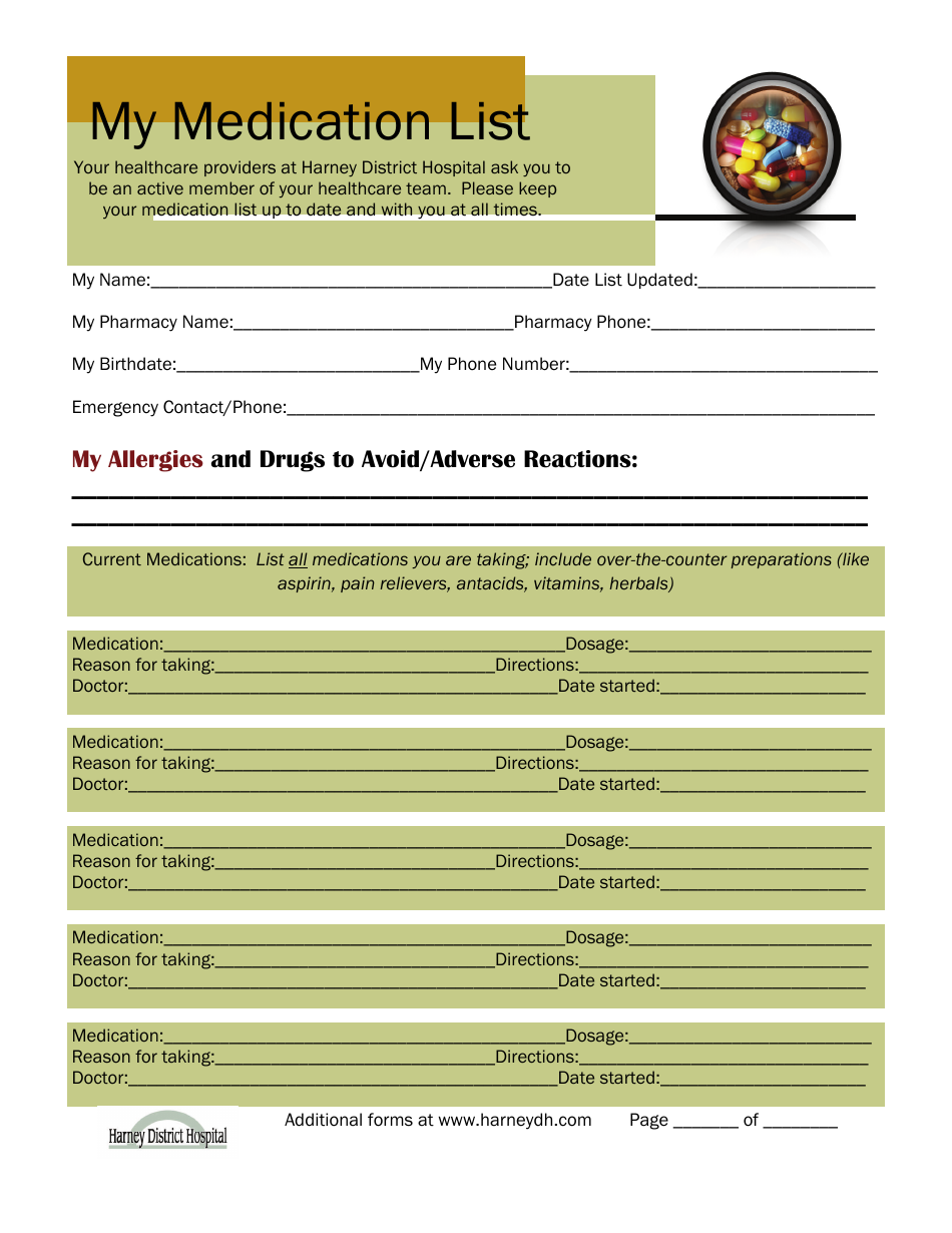 Personal Medication List Template - Harney District Hospital