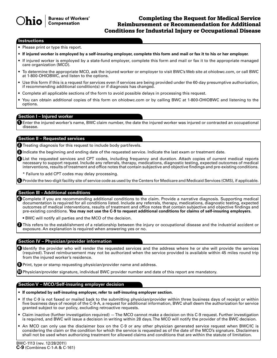 Form BWC-1113 (C-9) Request for Medical Service Reimbursement or Recommendation for Additional Conditions for Industrial Injury or Occupational Disease - Ohio, Page 1