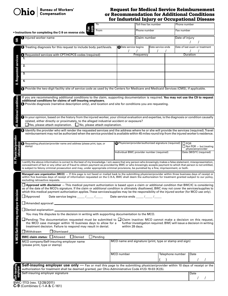 Form BWC-1113 (C-9) Request for Medical Service Reimbursement or Recommendation for Additional Conditions for Industrial Injury or Occupational Disease - Ohio, Page 2