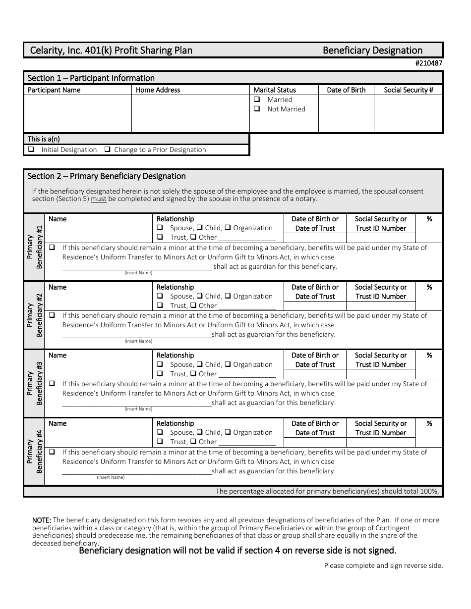Beneficiary Designation Form - Celarity, Inc., Page 1