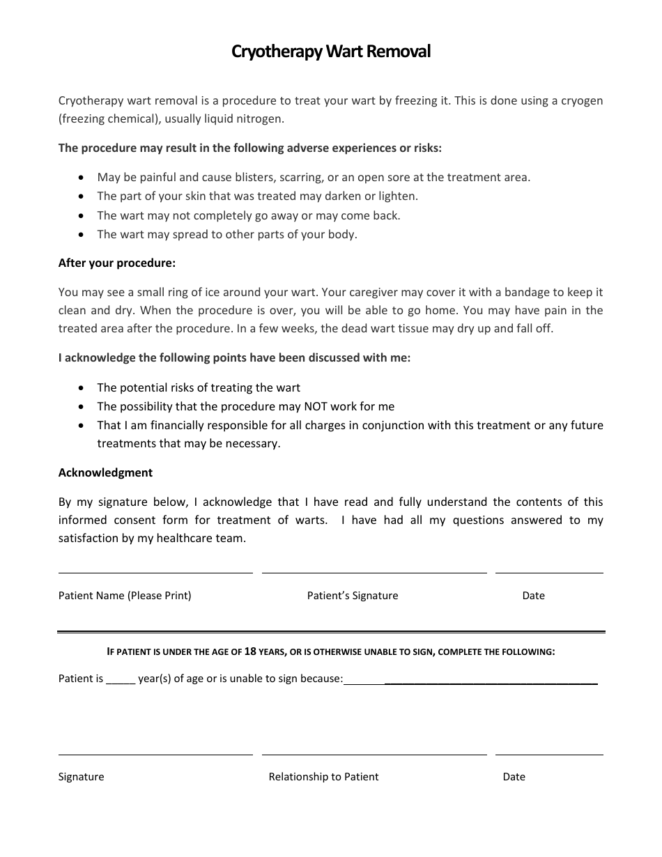 Cryotherapy Wart Removal Acknowledgment Form, Page 1