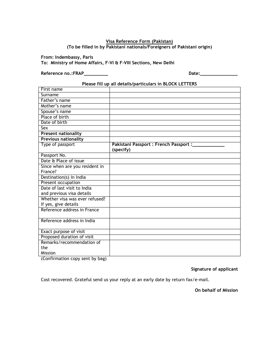 Pakistan Visa Reference Form - Embassy of India - Paris, Metropolitan France, Page 1