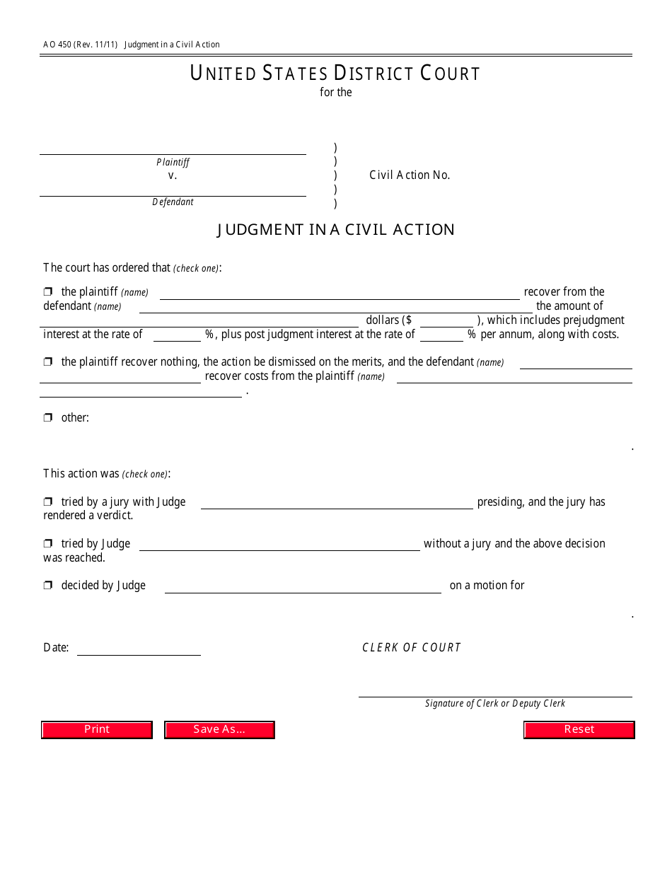 Form AO450 Judgment in a Civil Action, Page 1
