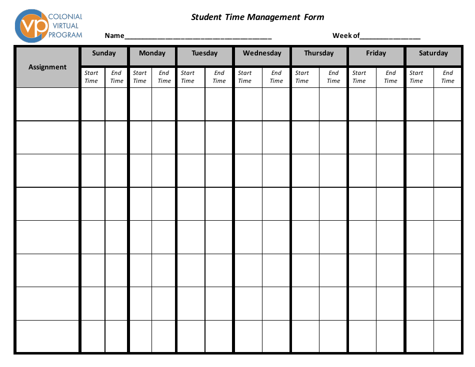 Student Time Management Form - Colonial Virtual Program, Page 1