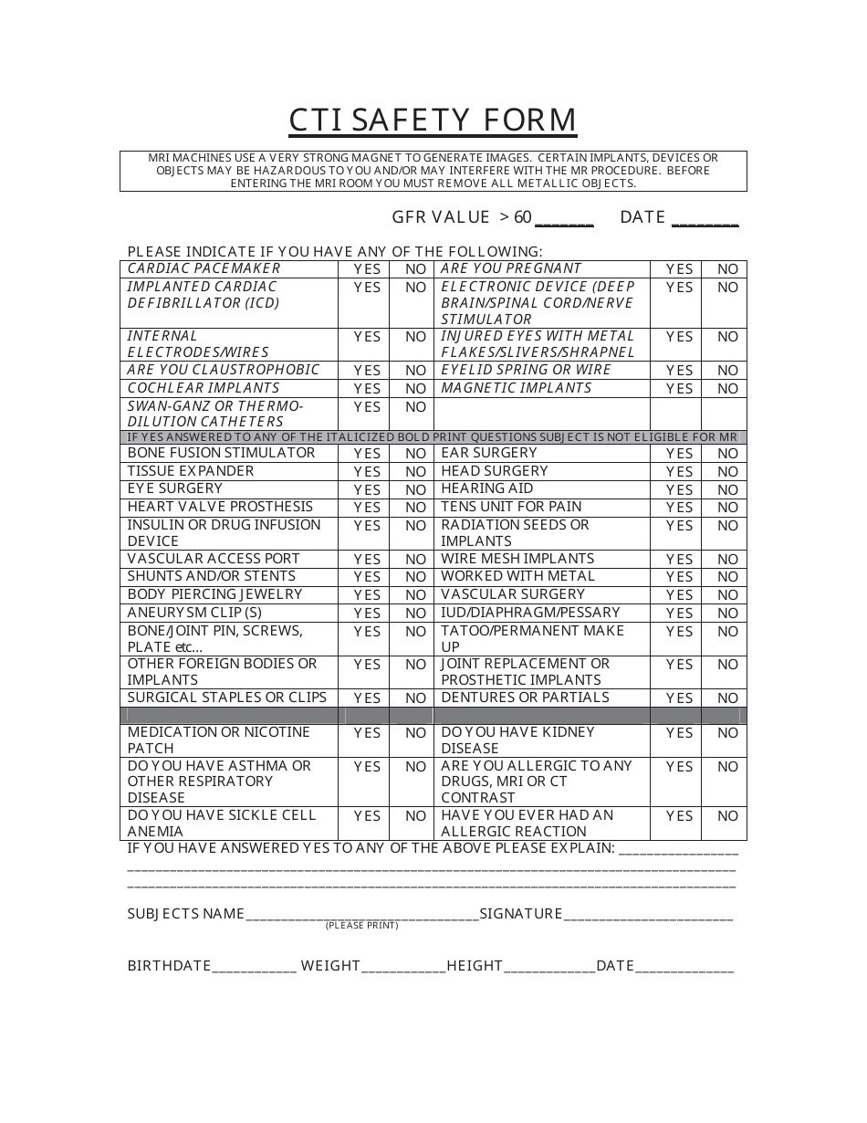 MRI Checklist Form