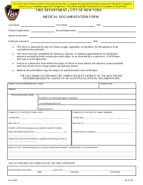 Form HR-07-03 Medical Documentation Form - New York City