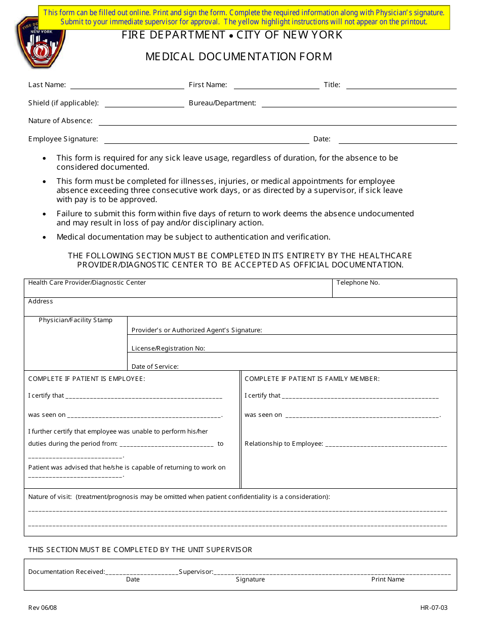 Form HR-07-03 Medical Documentation Form - New York City, Page 1